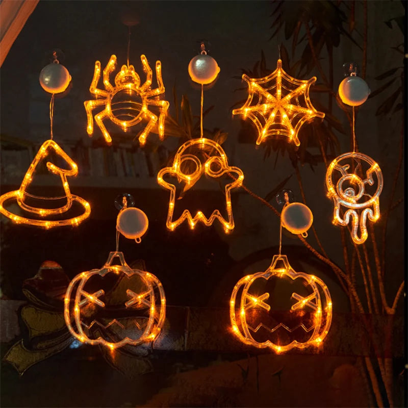1Pc 2025 New Orange Pumpkin Ghost Suction Cup Light Halloween Decoration Autumn Window Light Halloween Home Hanging Decorations
