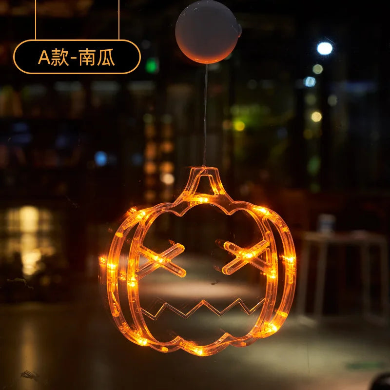 1Pc 2025 New Orange Pumpkin Ghost Suction Cup Light Halloween Decoration Autumn Window Light Halloween Home Hanging Decorations