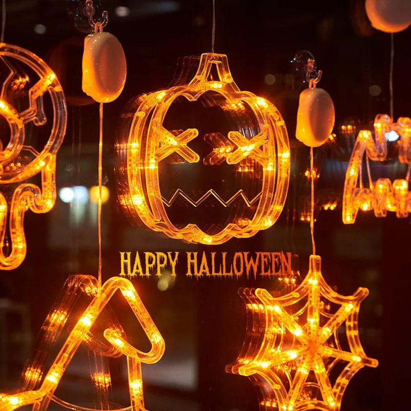 1Pc 2025 New Orange Pumpkin Ghost Suction Cup Light Halloween Decoration Autumn Window Light Halloween Home Hanging Decorations