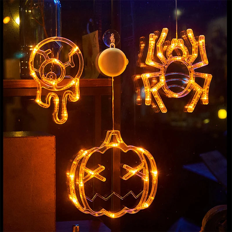 1Pc 2025 New Orange Pumpkin Ghost Suction Cup Light Halloween Decoration Autumn Window Light Halloween Home Hanging Decorations